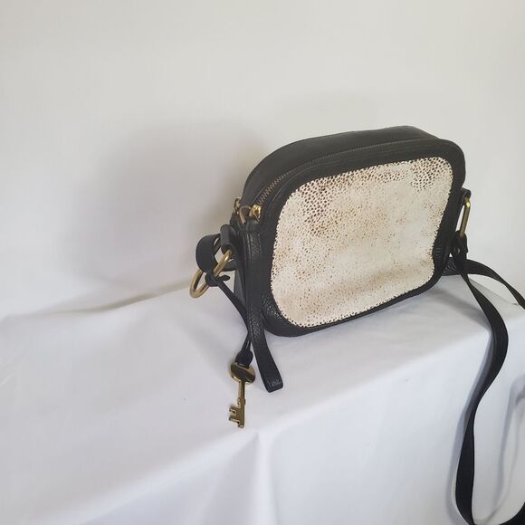 Fossil Crossbody Bag Women's Small Black Cream Animal Leopard Print Structured - Picture 8 of 13